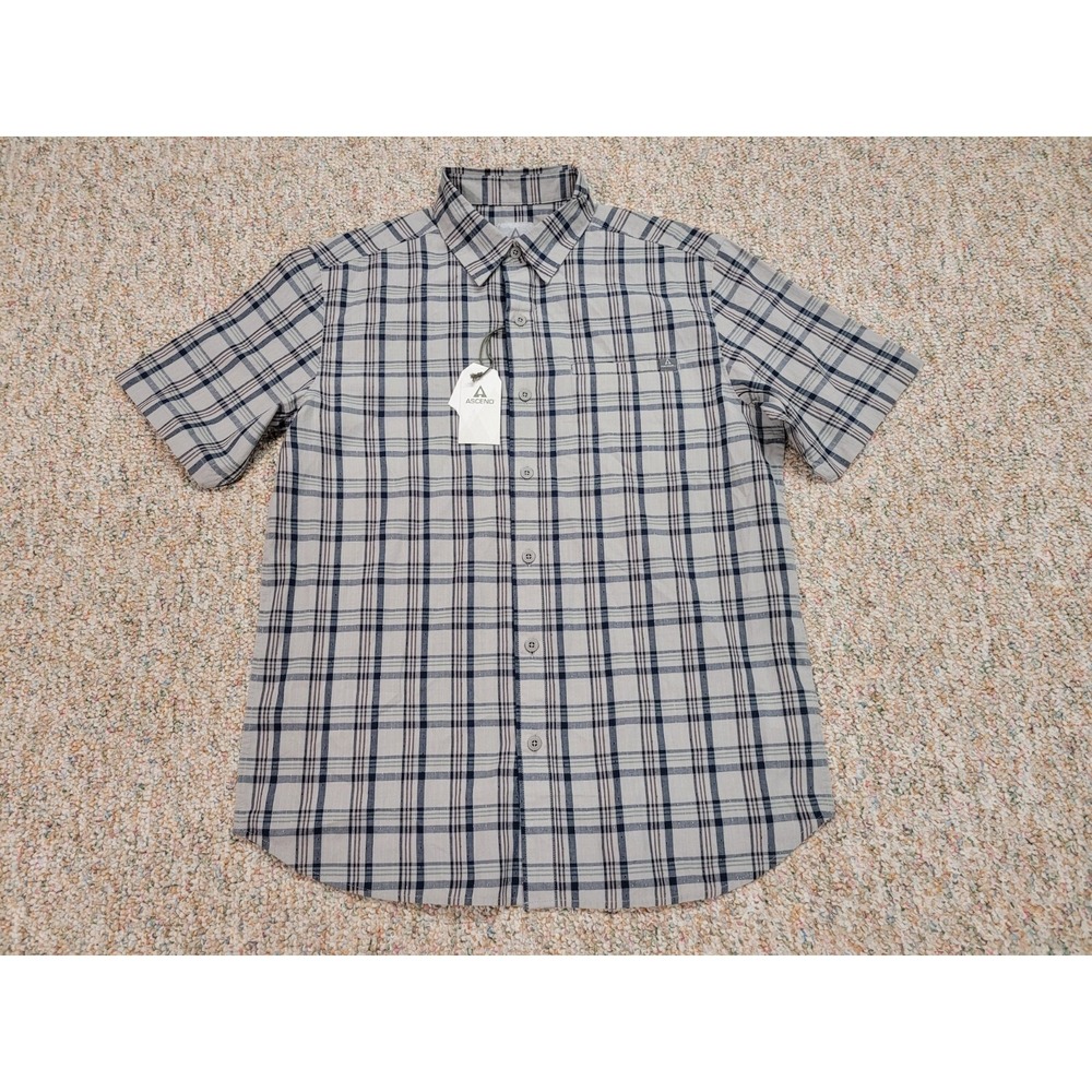 Ascend Shirt Mens Medium Gray Plaid Organic Cotton Shirt Sleeve Hiking Outdoor